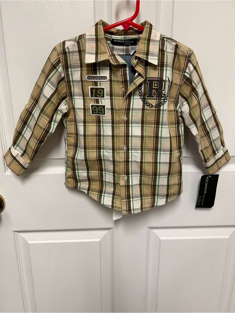 Rocawear Baby Tan, Green & Brown Plaid Button-Down Shirt & Distressed Jeans